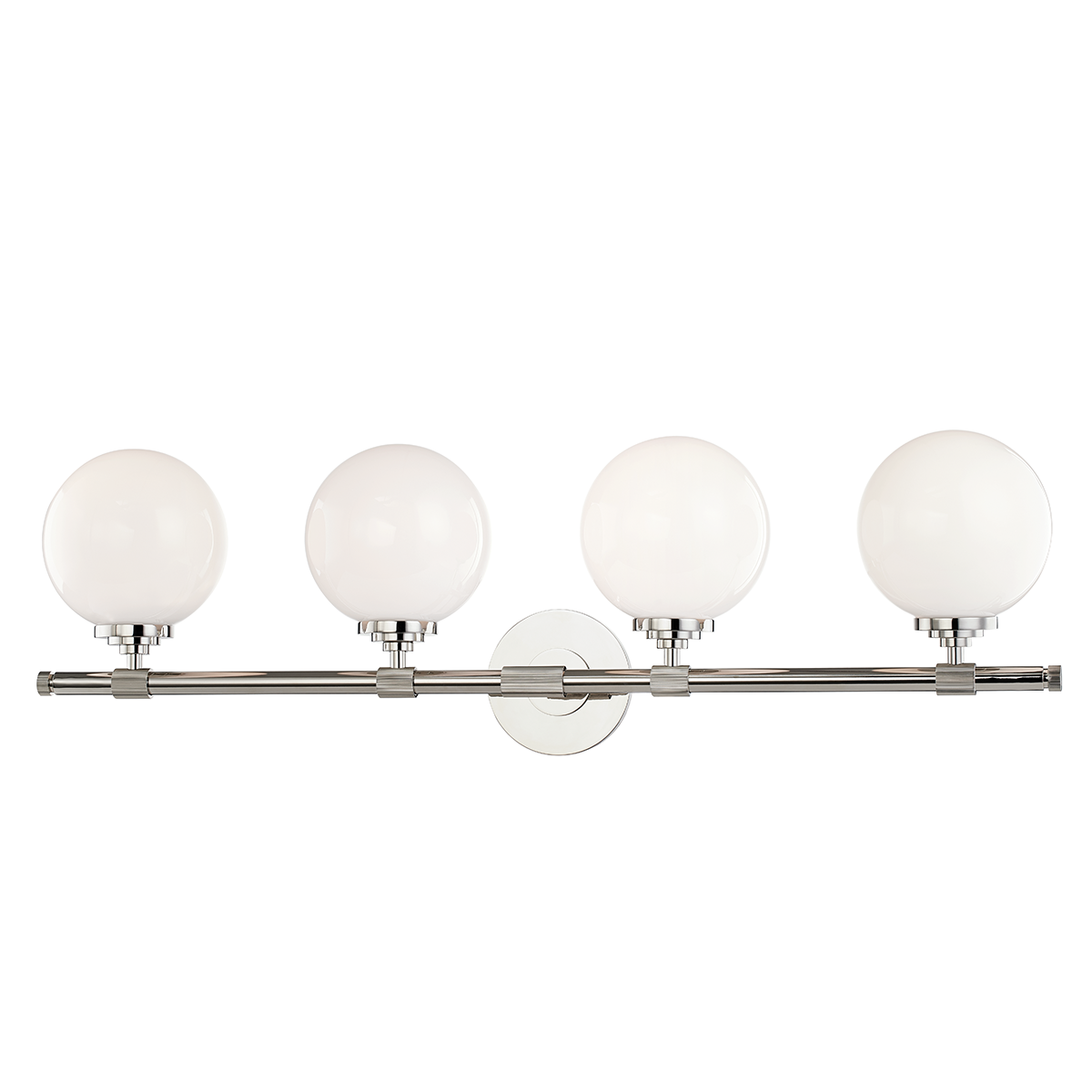 Bowery Bath And Vanity 32.75" in polished nickel shown from a second angle to highlight the arm spread and shade silhouette.
