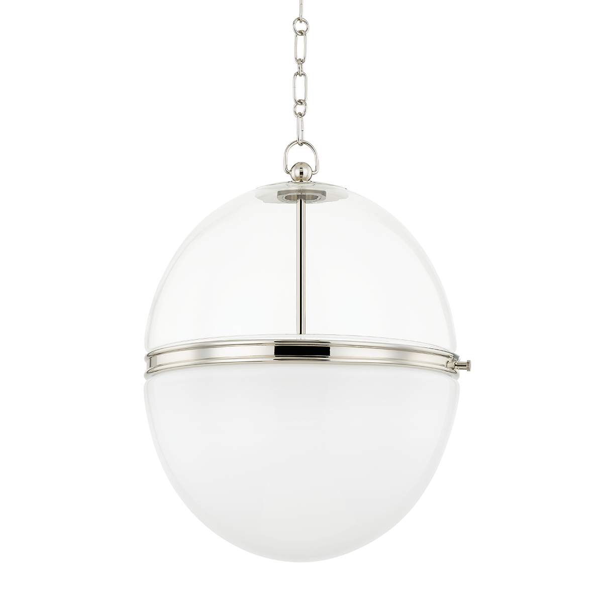 Donnell Pendant 17.5" in polished nickel shown from a second angle to highlight the shade shape and metal detail.