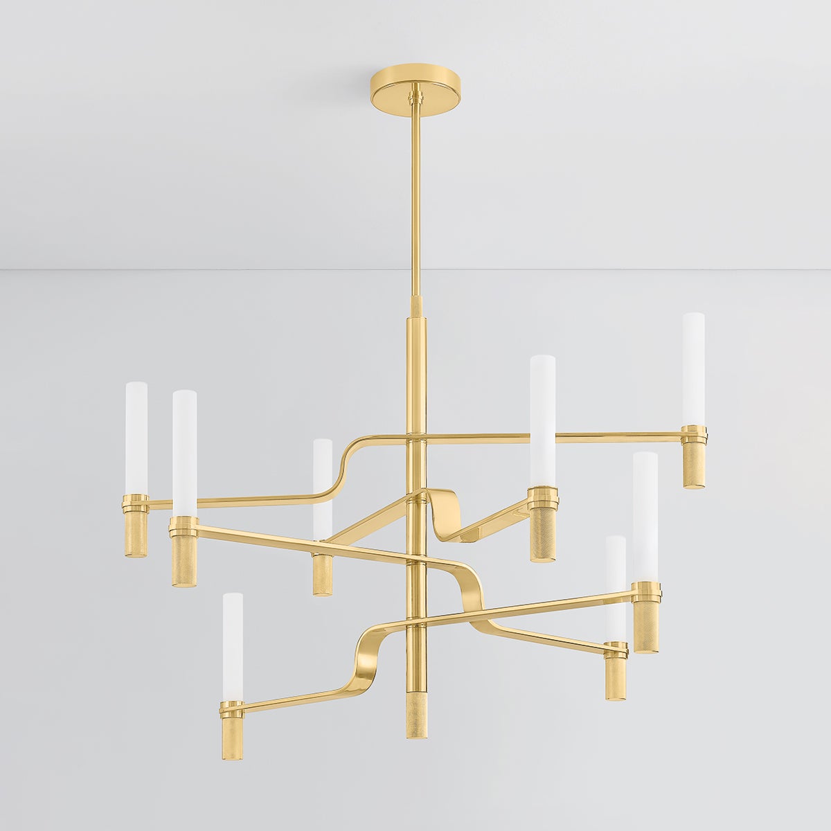 Allentown Chandelier 48" in aged brass shown from a second angle to highlight the frame, arms, and shade detail.