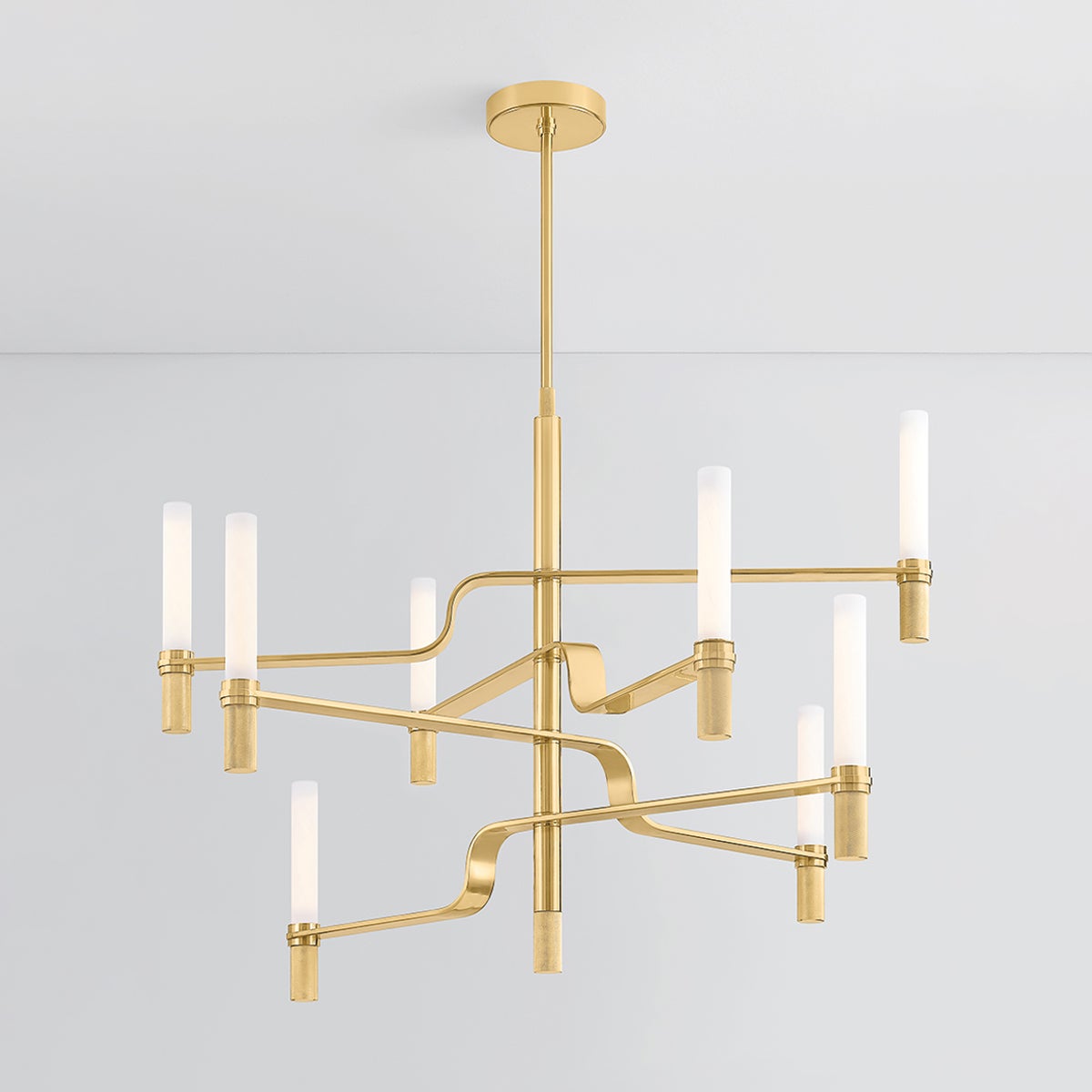Close-up of the Allentown Chandelier 48" in aged brass showing the frame, arms, and shade detail.