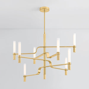 Close-up of the Allentown Chandelier 48" in aged brass showing the frame, arms, and shade detail.