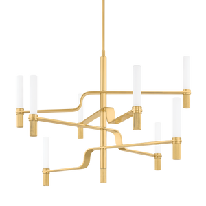 Allentown Chandelier in aged brass shown from a second angle to highlight the frame, arms, and shade detail.