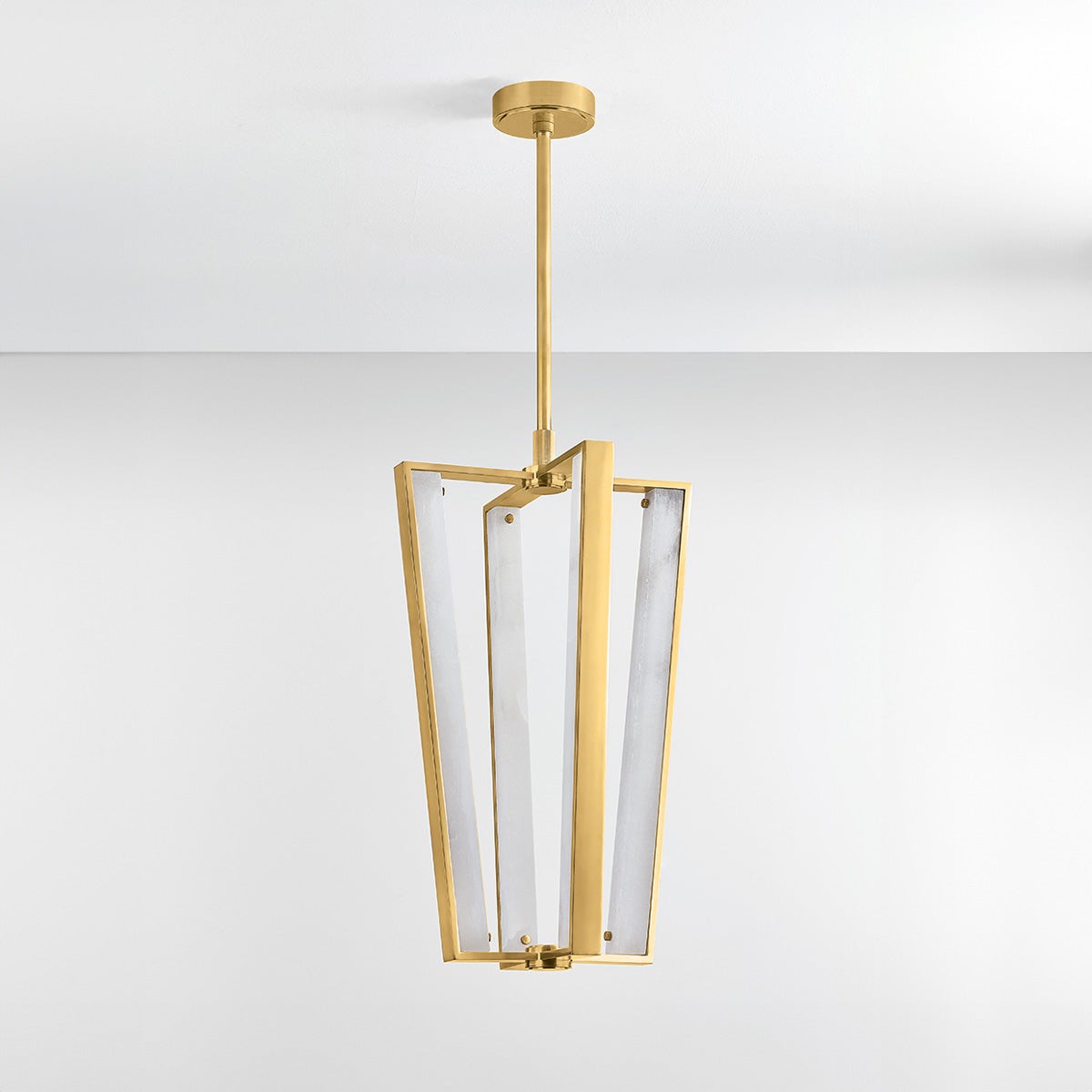 Edgemere Pendant 16" in aged brass shown from the front to reveal the shade shape and metal detail.