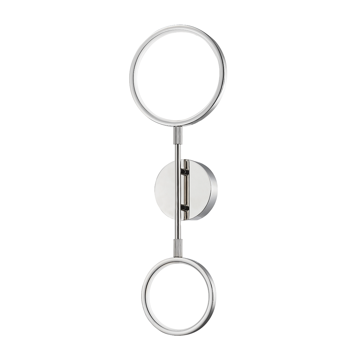 Saturn Wall Sconce in polished nickel shown from the front to reveal the arm curve and shade silhouette.