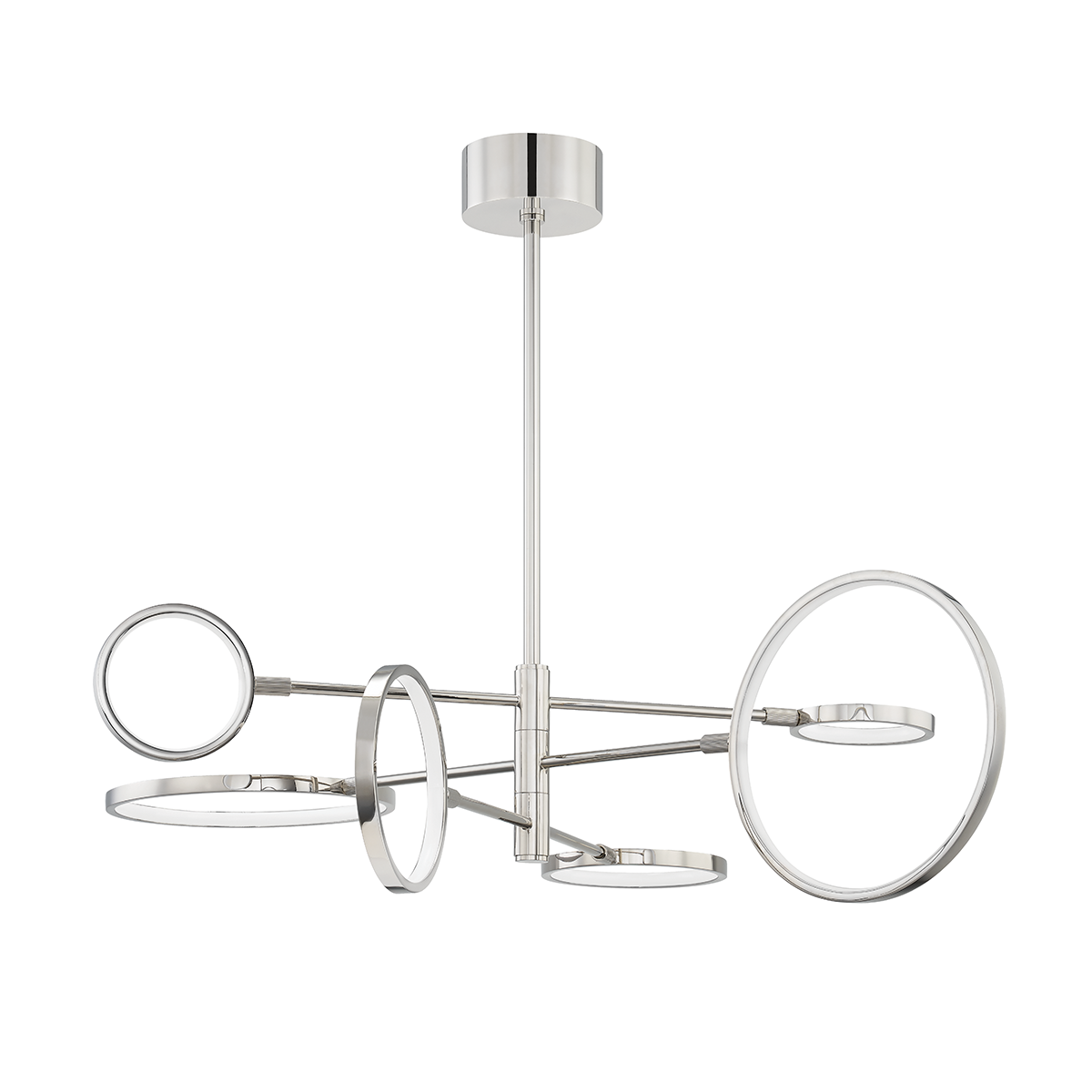 Saturn Chandelier in Aged Brass shown from the front to reveal the frame, arms, and shade detail.