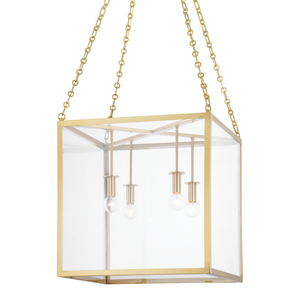 Catskill Lantern 18" in aged brass — a Hudson Valley lantern for entries, foyers, and covered porches at Laurie Yapp Home.