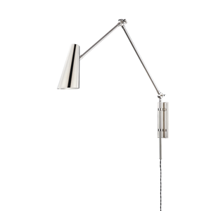 Lorne Plug-In Sconce in polished nickel shown from the front to reveal the arm profile and shade silhouette.