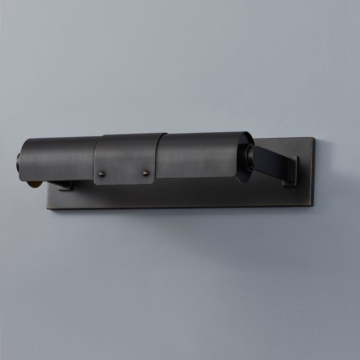 Close-up of the Oneonta Picture Light 15.25" in dark bronze showing the arm curve and shade proportion.