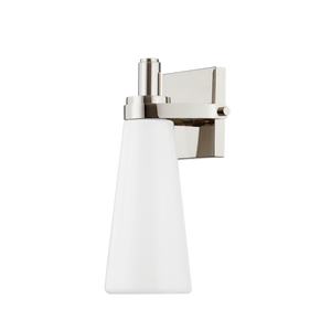 Trude Wall Sconce in polished nickel shown from a second angle to highlight the arm curve and shade silhouette.