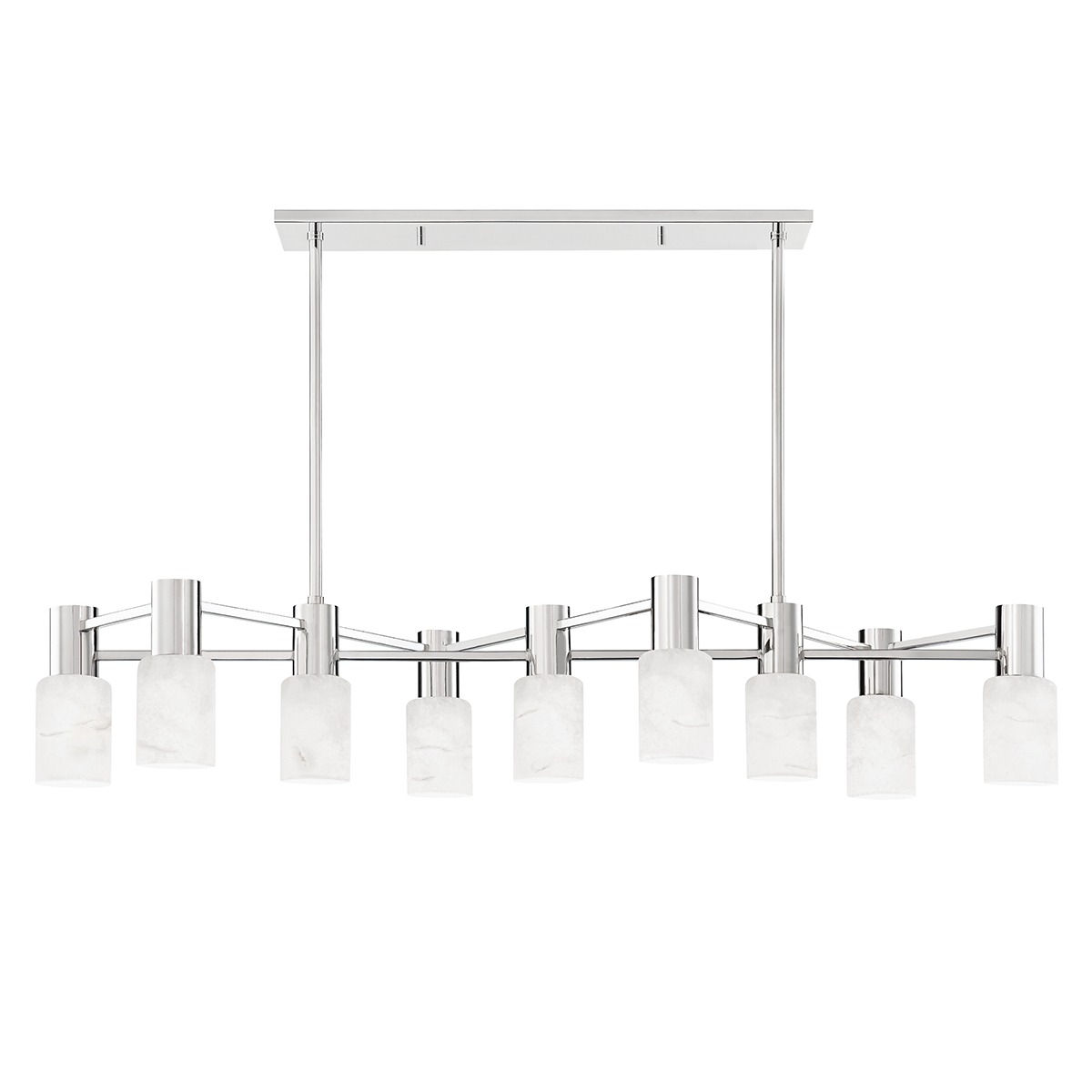 Centerport Linear in polished nickel shown from the front to reveal the extended frame and shade array.