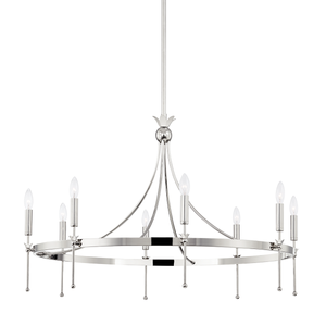 Gates Chandelier 38.5" in polished nickel shown from a second angle to highlight the frame, arms, and shade detail.