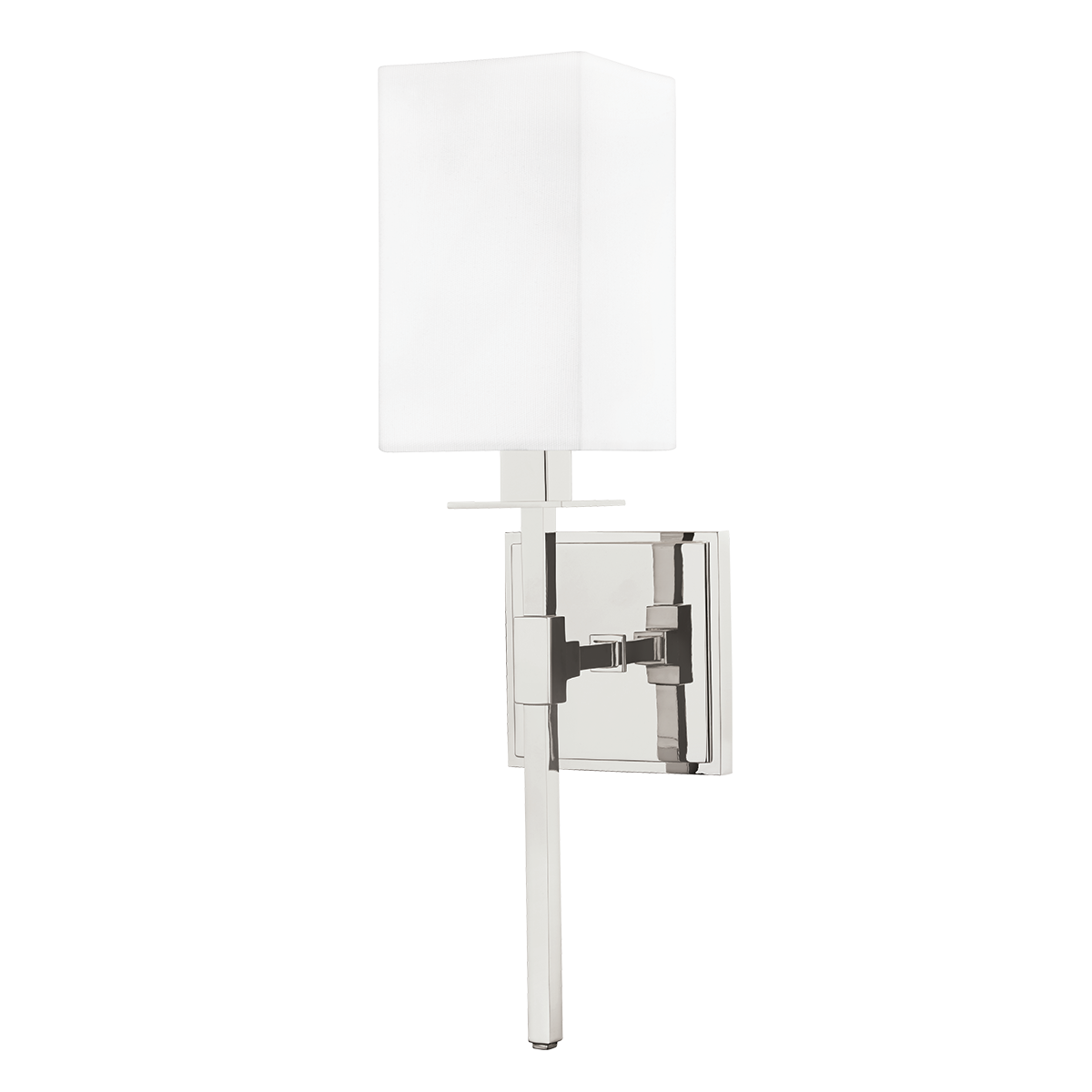 Taunton Wall Sconce in polished nickel shown from the front to reveal the arm curve and shade silhouette.