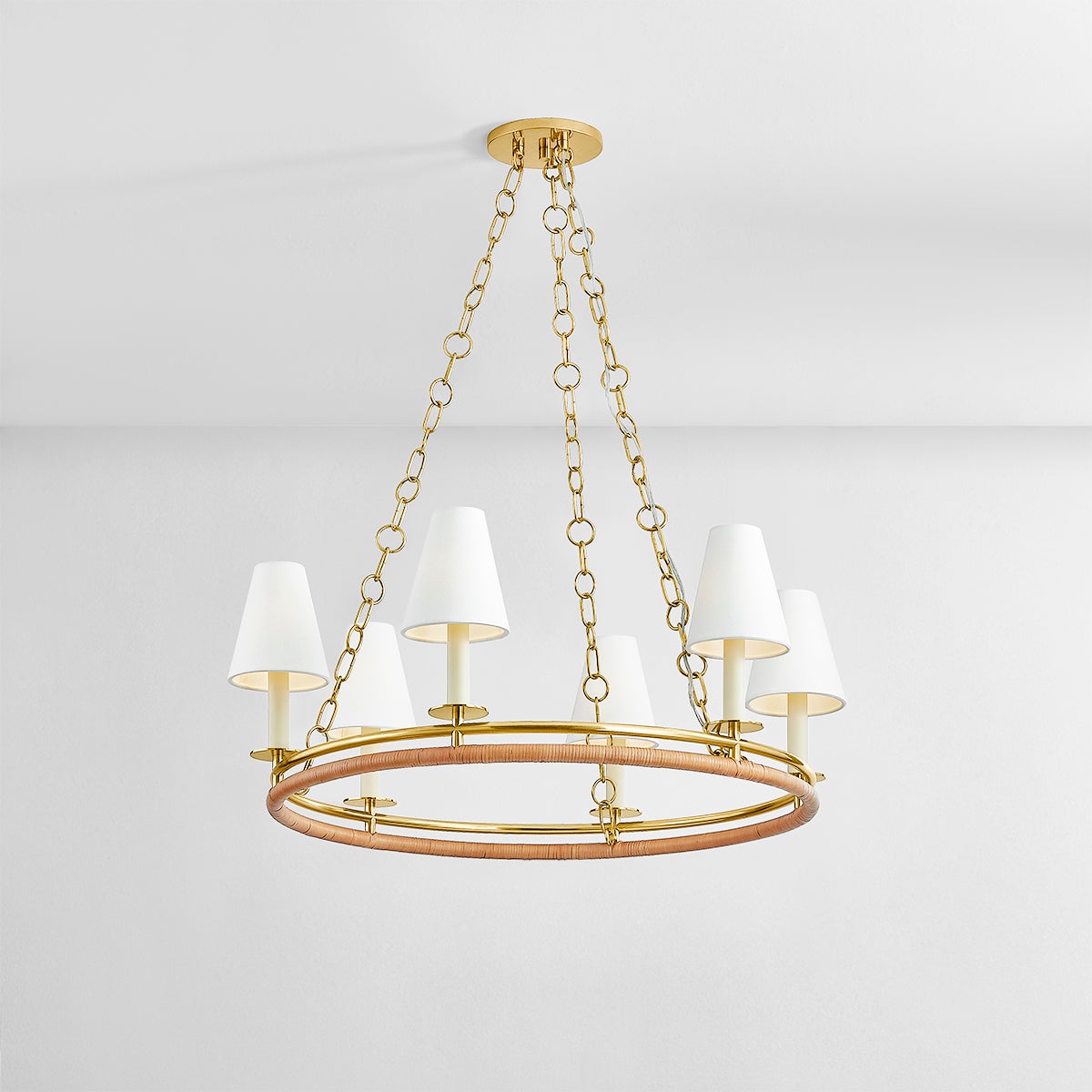 Swanton Chandelier 31" in aged brass shown from the front to reveal the frame, arms, and shade detail.