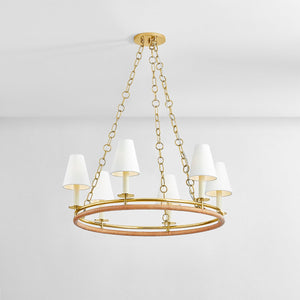 Swanton Chandelier 31" in aged brass shown from the front to reveal the frame, arms, and shade detail.
