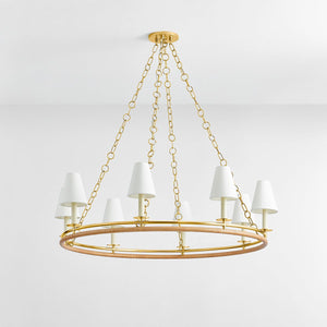 Swanton Chandelier 43" in aged brass shown from a second angle to highlight the frame, arms, and shade detail.