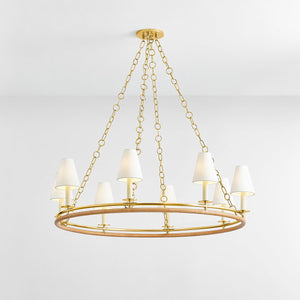 Swanton Chandelier 43" in aged brass shown from the front to reveal the frame, arms, and shade detail.