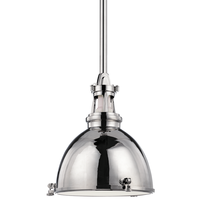 Massena Pendant 13.5" in polished nickel shown from a second angle to highlight the shade shape and metal detail.