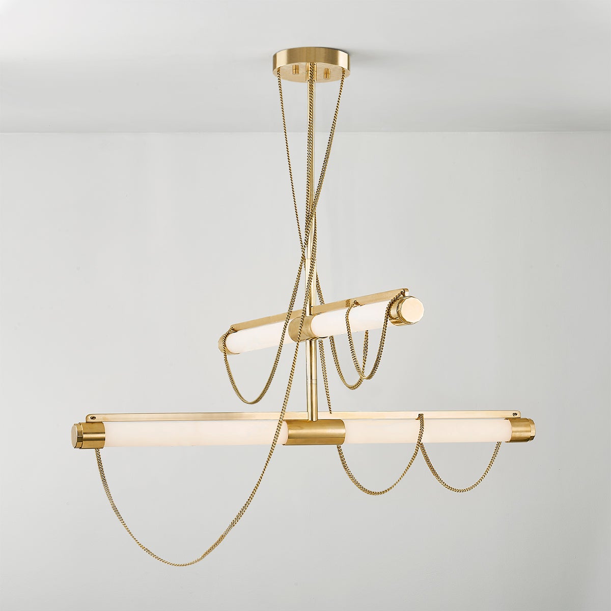 Lariat Chandelier shown from the front to reveal the frame, arms, and shade detail.