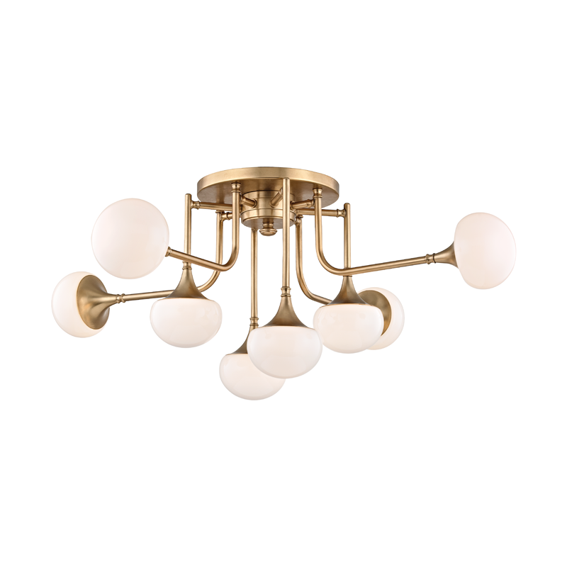 Fleming Semi Flush in aged brass — a Hudson Valley close-to-ceiling for hallways, bedrooms, and entryways at Laurie Yapp Home.