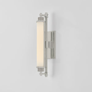 Close-up of the Plandome Bath And Vanity 4.25" x 18" in polished nickel showing the arm spread and shade silhouette.