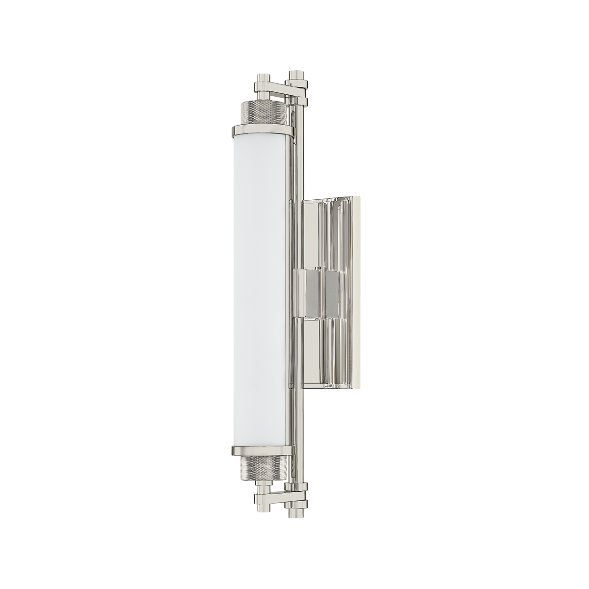 Plandome Bath And Vanity 4.25" x 18" in polished nickel shown from a second angle to highlight the arm spread and shade silhouette.