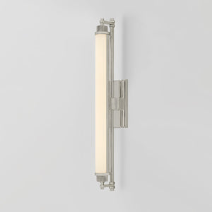 Close-up of the Plandome Bath And Vanity 4.25" x 28" in polished nickel showing the arm spread and shade silhouette.