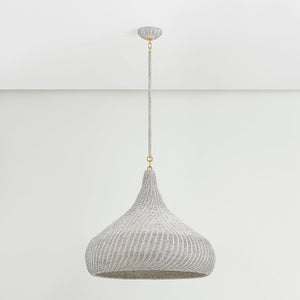 Hampstead Pendant 28" in aged brass shown from the front to reveal the shade shape and metal detail.