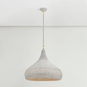 Close-up of the Hampstead Pendant 28" in aged brass showing the shade shape and metal detail.