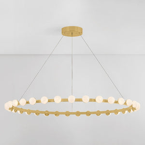 Close-up of the Linus Chandelier 61" x 3" showing the frame, arms, and shade detail.