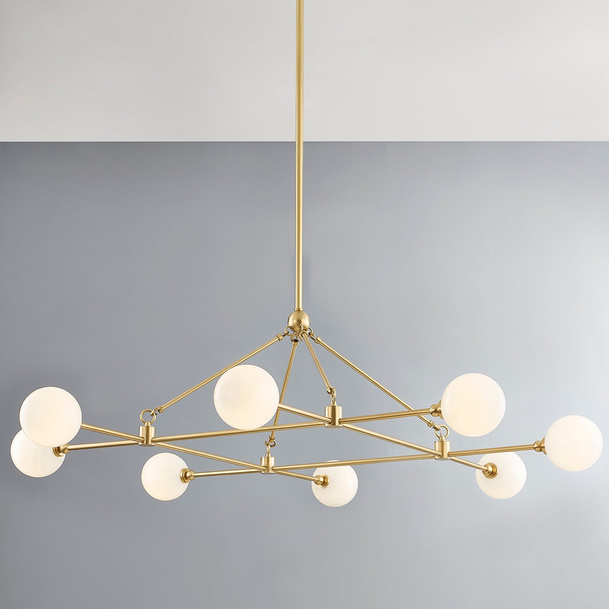 Andrews Chandelier in aged brass shown from the front to reveal the frame, arms, and shade detail.