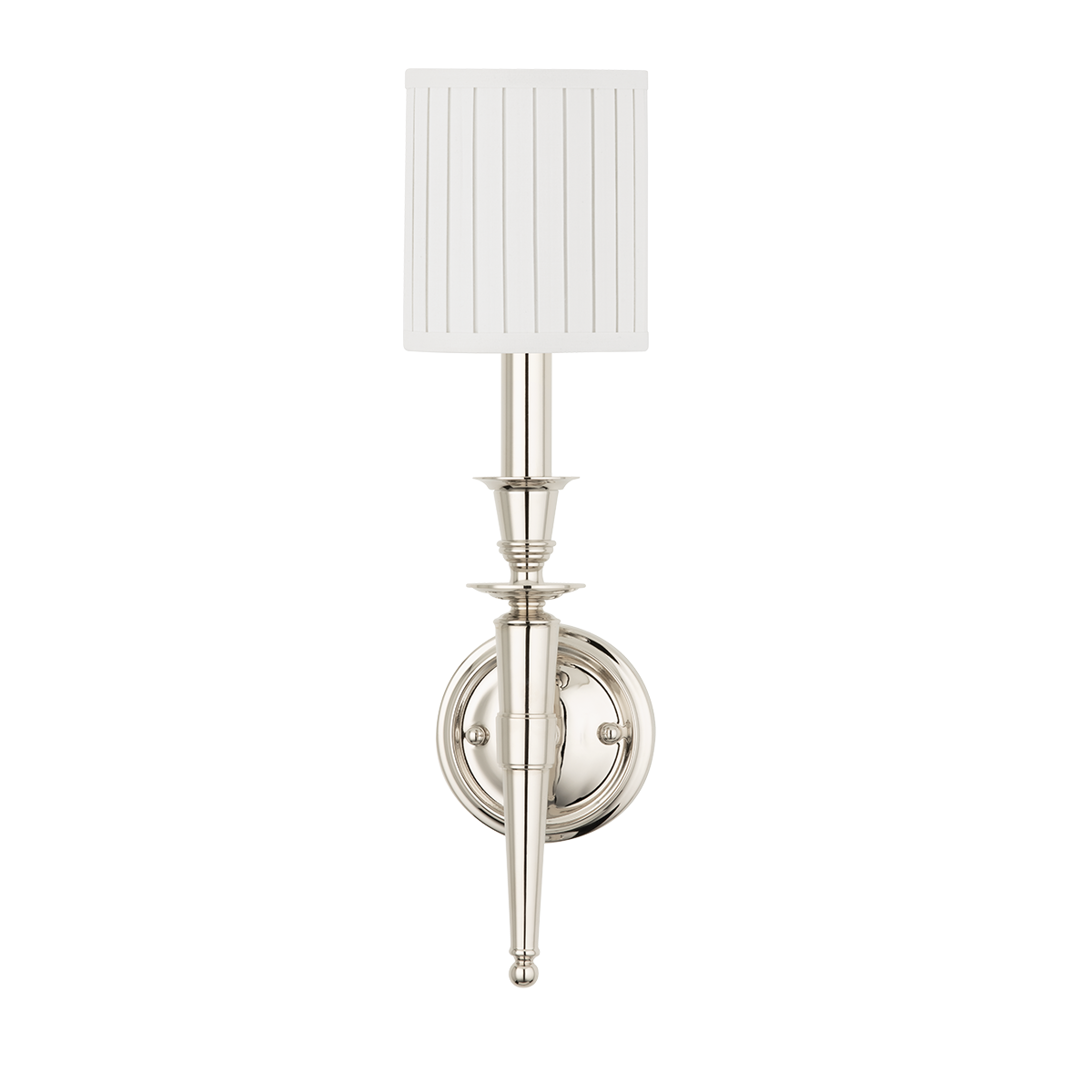 Abington Wall Sconce in polished nickel shown from a second angle to highlight the arm curve and shade silhouette.
