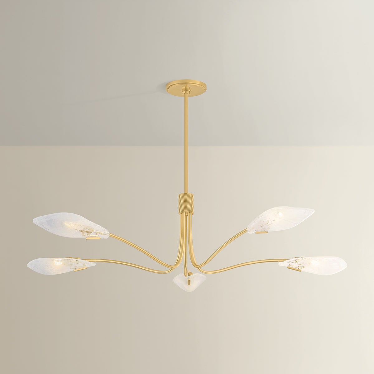 Close-up of the Tenafly Chandelier 56" in aged brass showing the frame, arms, and shade detail.