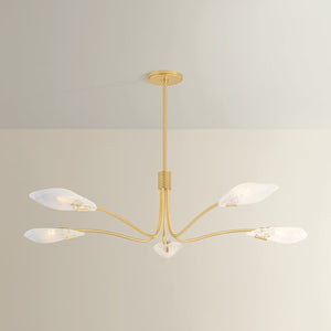Close-up of the Tenafly Chandelier 56" in aged brass showing the frame, arms, and shade detail.