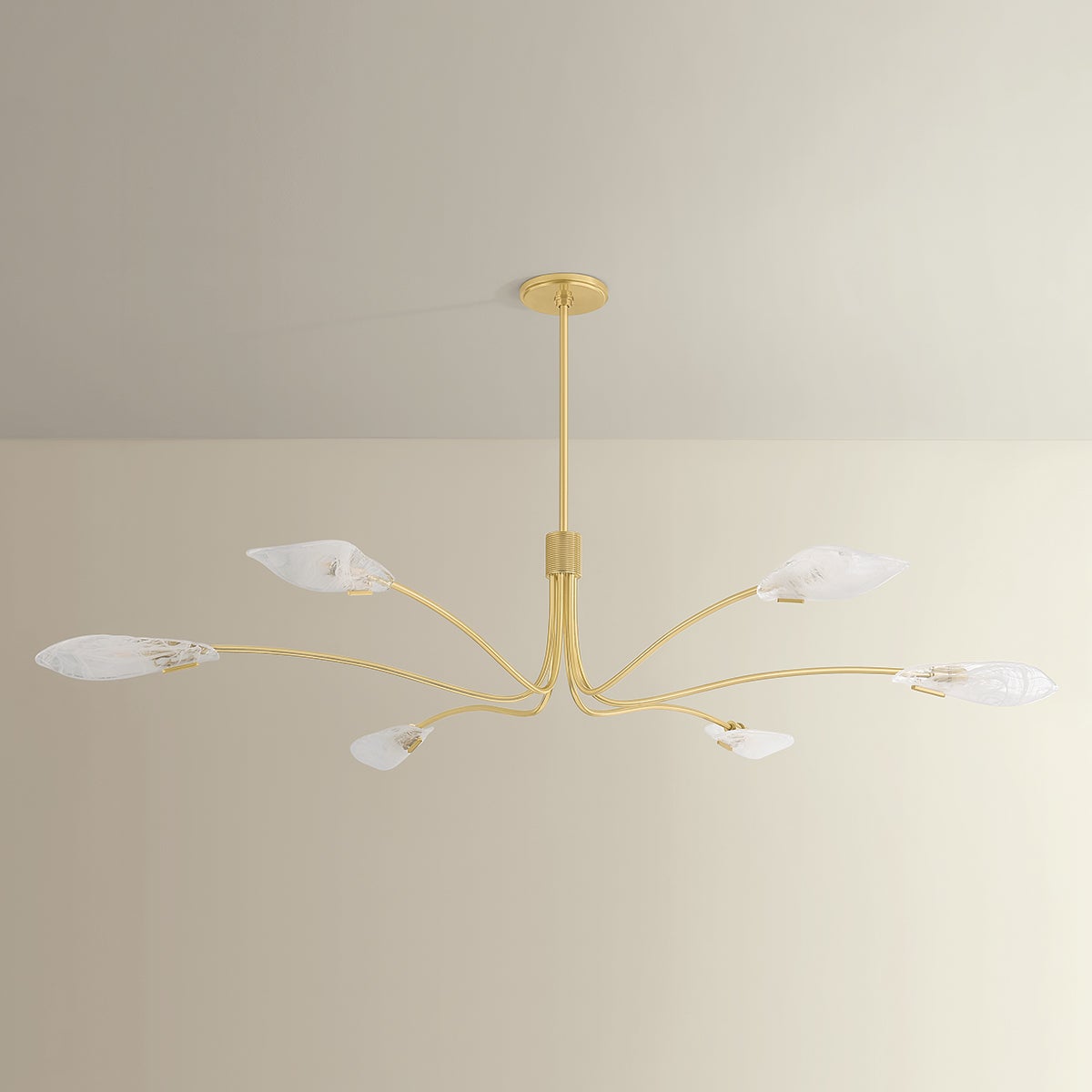 Tenafly Chandelier 72" in aged brass shown from the front to reveal the frame, arms, and shade detail.