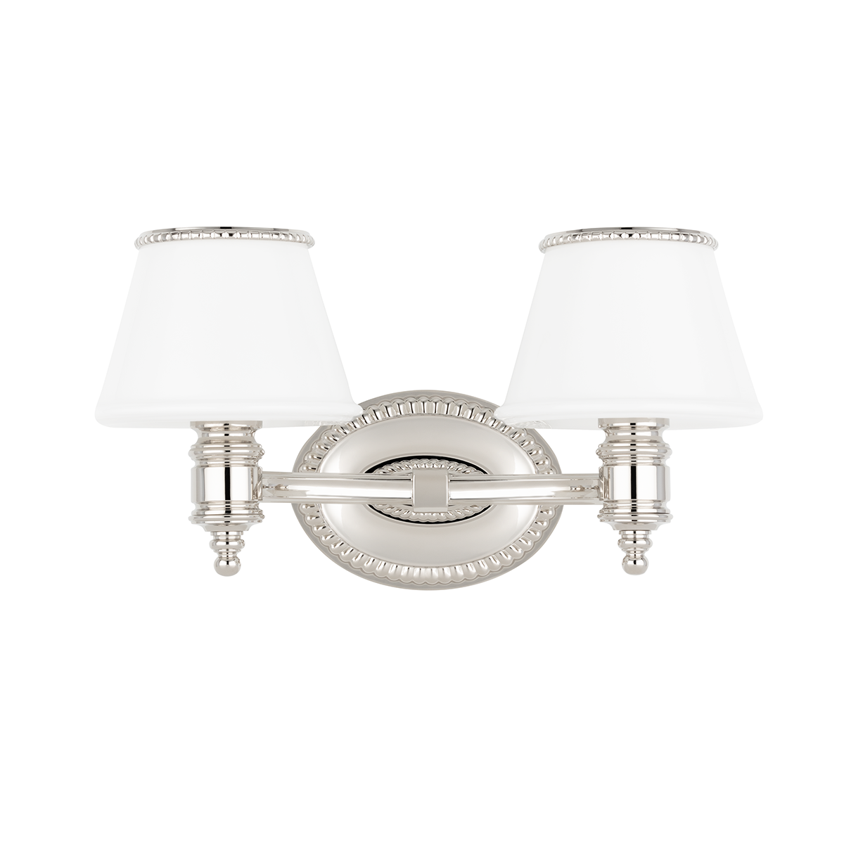 Richmond Bath And Vanity 14.5" in polished nickel shown from a second angle to highlight the arm spread and shade silhouette.