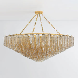 Watertown Chandelier 59.5" in aged brass shown from a second angle to highlight the frame, arms, and shade detail.