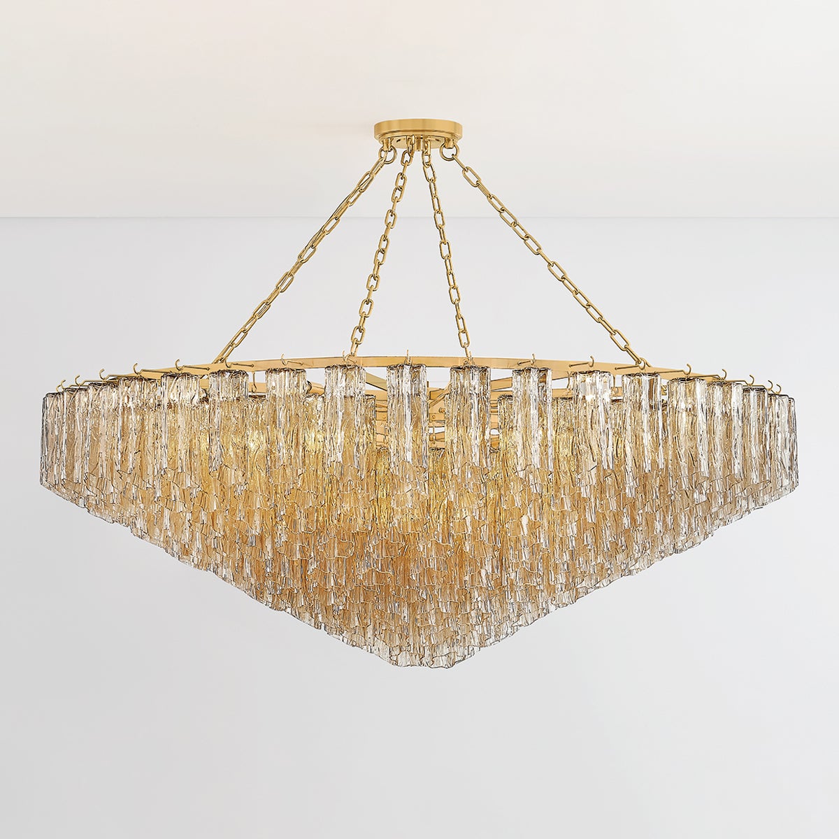 Watertown Chandelier 59.5" in aged brass shown from the front to reveal the frame, arms, and shade detail.