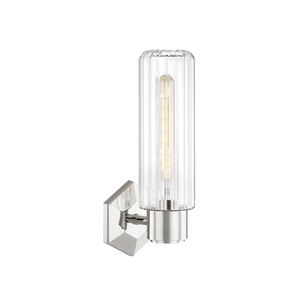 Roebling Wall Sconce 4.75" x 14.5" in polished nickel shown from the front to reveal the arm curve and shade silhouette.