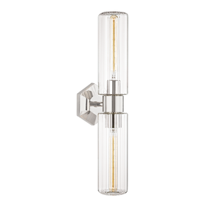 Roebling Wall Sconce 4.75" x 23.75" in polished nickel shown from the front to reveal the arm curve and shade silhouette.
