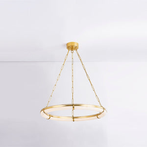 Sennett Chandelier 30.5" in aged brass shown from the front to reveal the frame, arms, and shade detail.