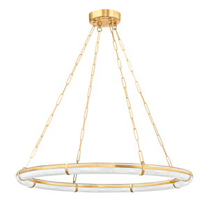 Sennett Chandelier 42" in aged brass — a Hudson Valley chandelier for dining rooms, entries, and living rooms at Laurie Yapp Home.