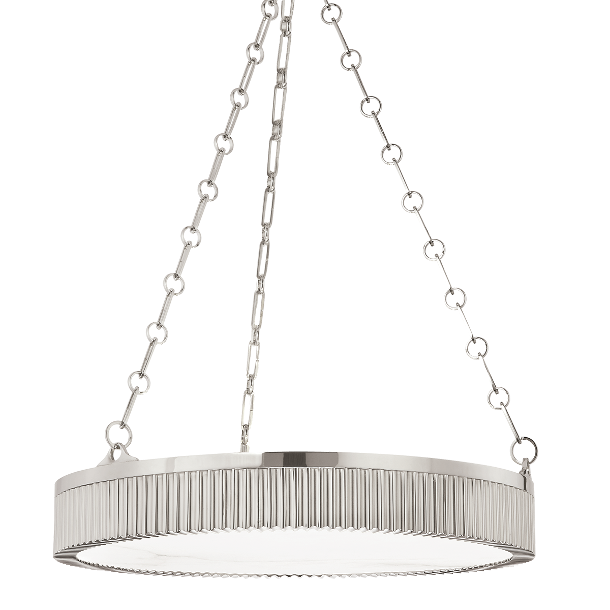 Close-up of the Lynden Chandelier 22" in polished nickel showing the frame, arms, and shade detail.