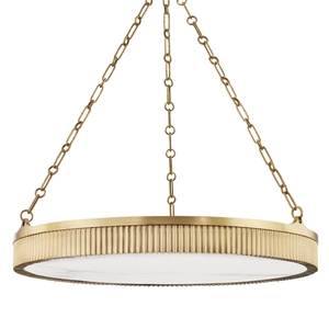 Lynden Chandelier 30" in aged brass — a Hudson Valley chandelier for dining rooms, entries, and living rooms at Laurie Yapp Home.