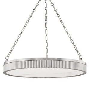 Close-up of the Lynden Chandelier 30" in polished nickel showing the frame, arms, and shade detail.