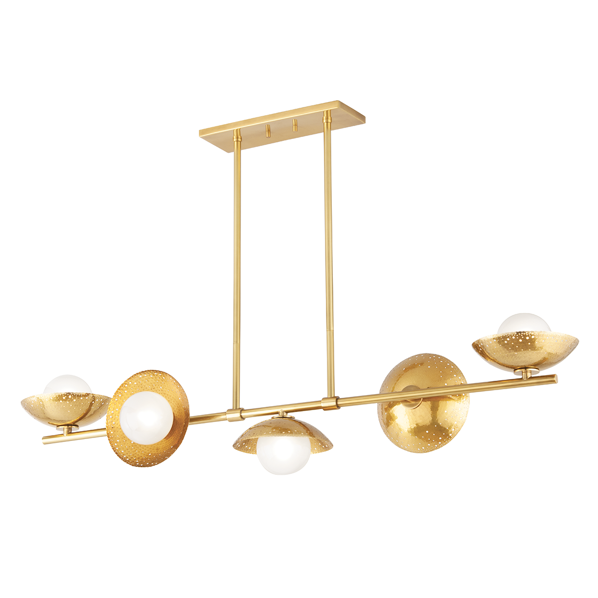 Glimmer Linear in aged brass — a Hudson Valley linear for dining rooms, kitchen islands, and long consoles at Laurie Yapp Home.