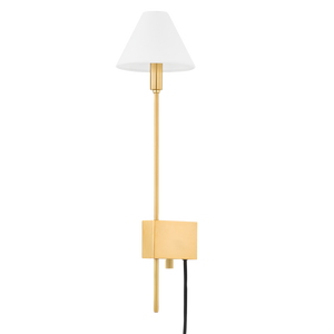 Teaneck Plug-In Sconce in aged brass — a Hudson Valley plug-in sconce for bedrooms, living rooms, and reading nooks at Laurie Yapp Home.