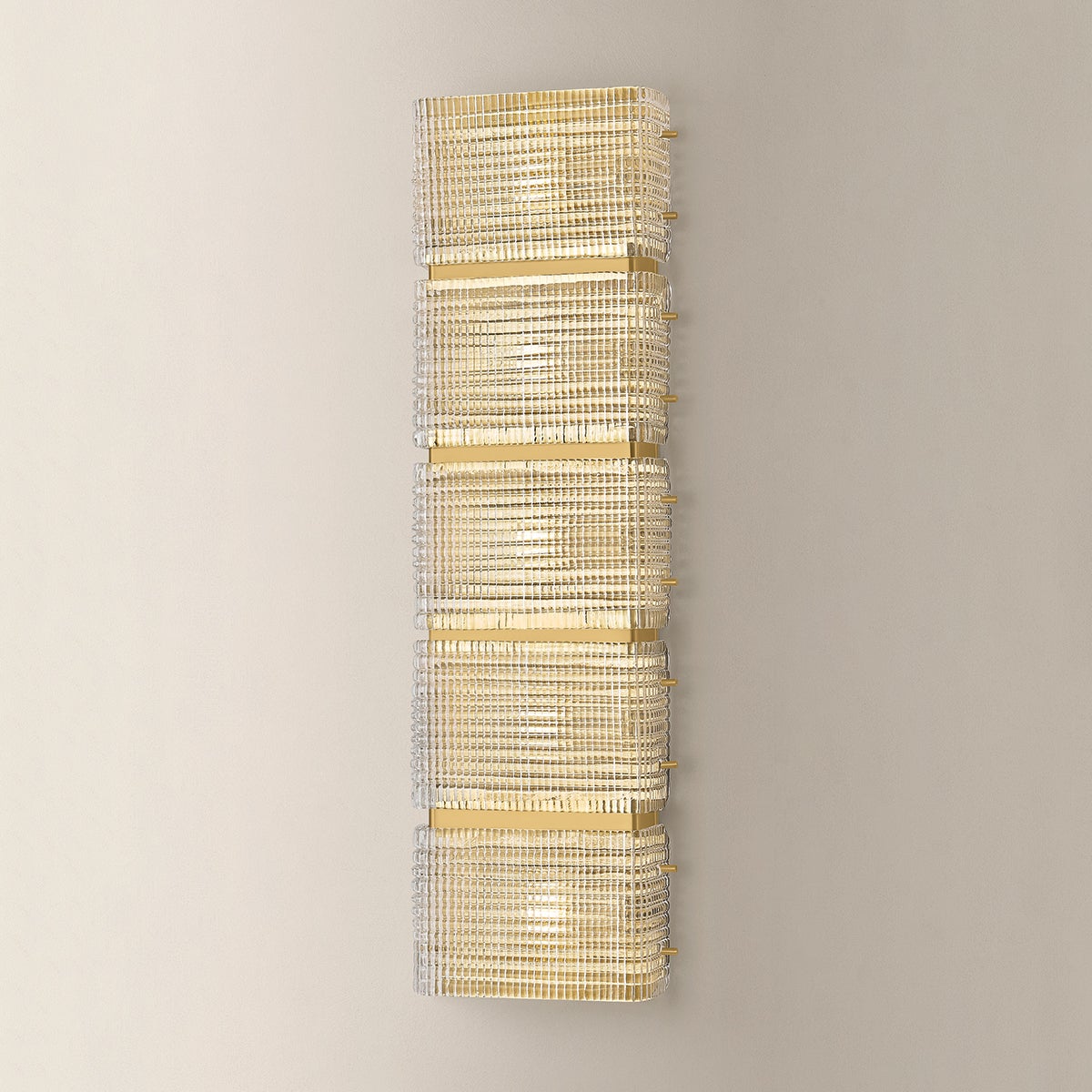 Mav Wall Sconce 8.5" x 28.25" shown from the front to reveal the arm curve and shade silhouette.