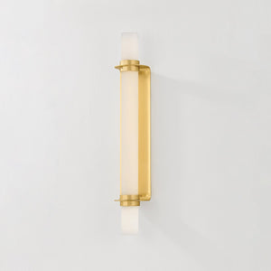 Groveland Station Wall Sconce 4.75" x 27.75" in aged brass shown from the front to reveal the arm curve and shade silhouette.