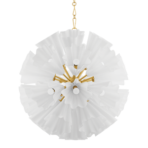 Capri Chandelier 38" in aged brass — a Hudson Valley chandelier for dining rooms, entries, and living rooms at Laurie Yapp Home.