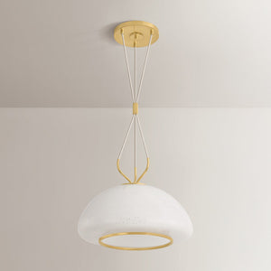 Baudette Pendant 18" in aged brass shown from the front to reveal the shade shape and metal detail.